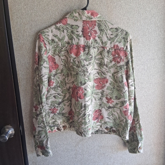 100% Linen Floral Button Up Jacket Wood Buttons Petite Medium Charter Club - Picture 7 of 7